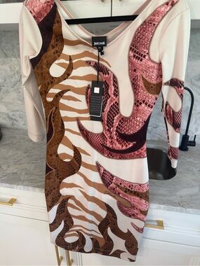 NWT Just Cavalli Cream, Pink & Brown Dress SIZE 4